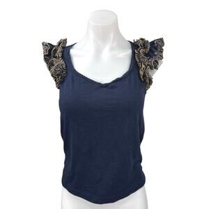 Democracy Women's Blue Embroidered Ruffle Sleeve Knit Shirt Blouse Top Size S